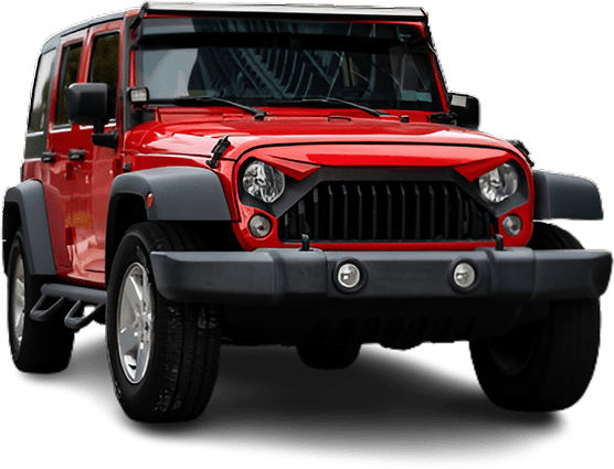 A red jeep is shown in front of a green background.