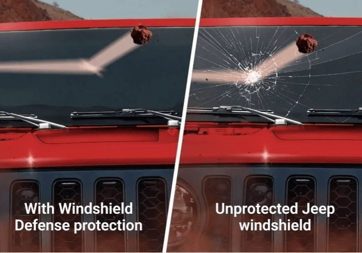 A red jeep is shown with the windshield exposed.